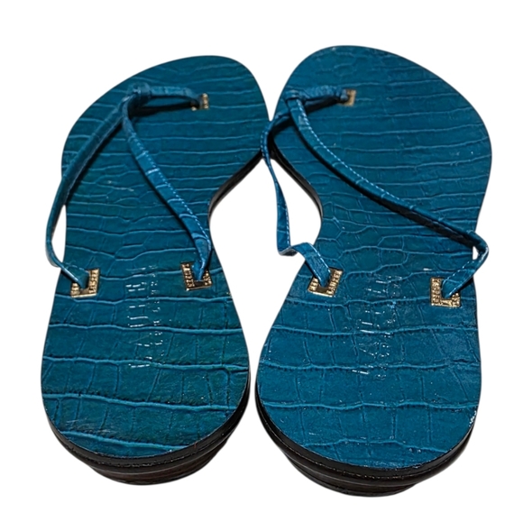 Lauren Ralph Lauren Teal Croc-Embossed Thong Sandals with Gold Accents - Picture 6 of 10
